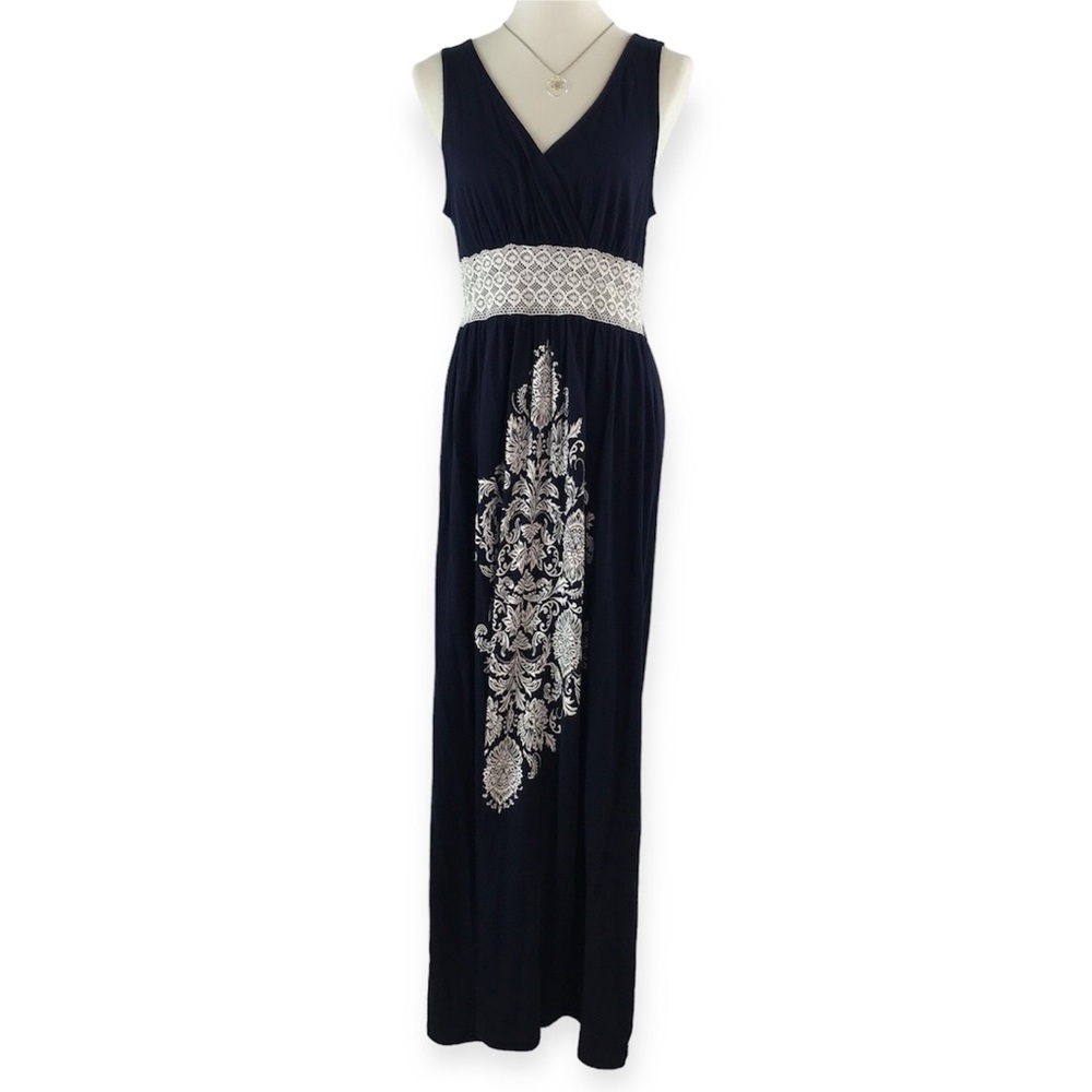 Currants Navy Blue 100% Cotton Boho Sleeveless V-Neck Maxi Dress